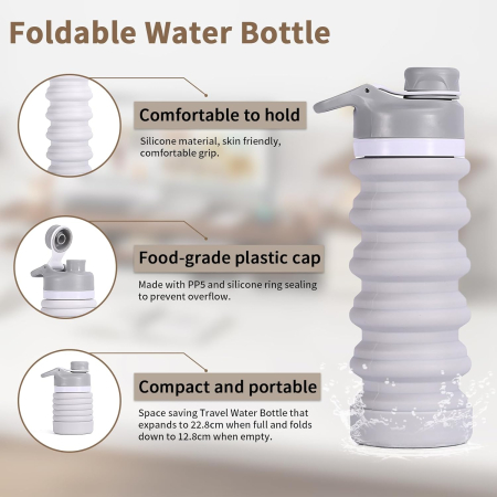 Sticla de apa din silicon, reutilizabila, portabila, pliabila, fara BPA, gri 550ml [1]