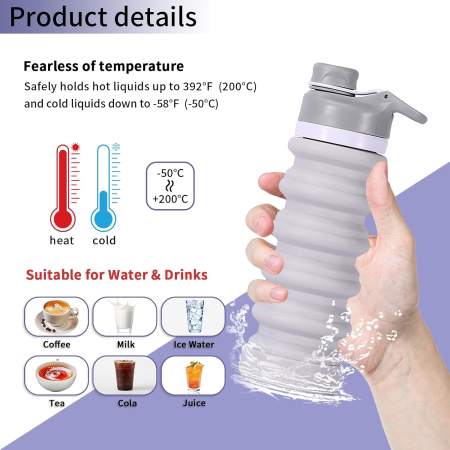 Sticla de apa din silicon, reutilizabila, portabila, pliabila, fara BPA, gri 550ml [5]