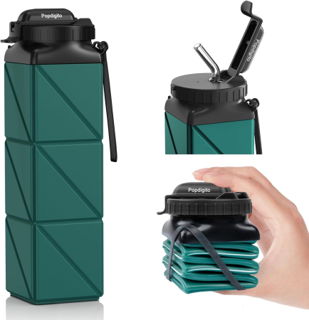 HIDRATARE SPORT - Sticla de apa din silicon, reutilizabila, portabila, pliabila, fara BPA, Verde 610 ml 7.29 x 7.29 x 7.62 cm; 145.15 grame