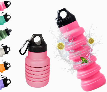 accesorii sportive - Sticla de apa din silicon, reutilizabila, portabila, pliabila, fara BPA, Roz 500 ml