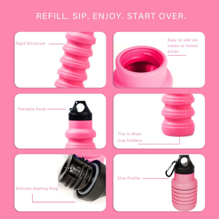 Sticla de apa din silicon, reutilizabila, portabila, pliabila, fara BPA, Roz 500 ml [2]