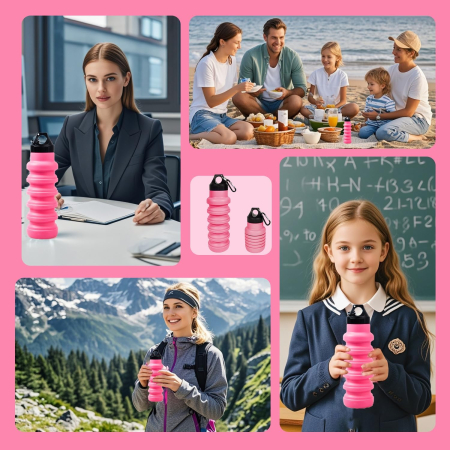 Sticla de apa din silicon, reutilizabila, portabila, pliabila, fara BPA, Roz 500 ml [3]