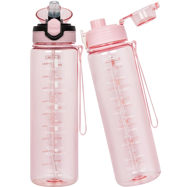 FITNESS - Sticla sport din plastic fara BPA, gradata cu pai, anticurgere, Roz 1 L