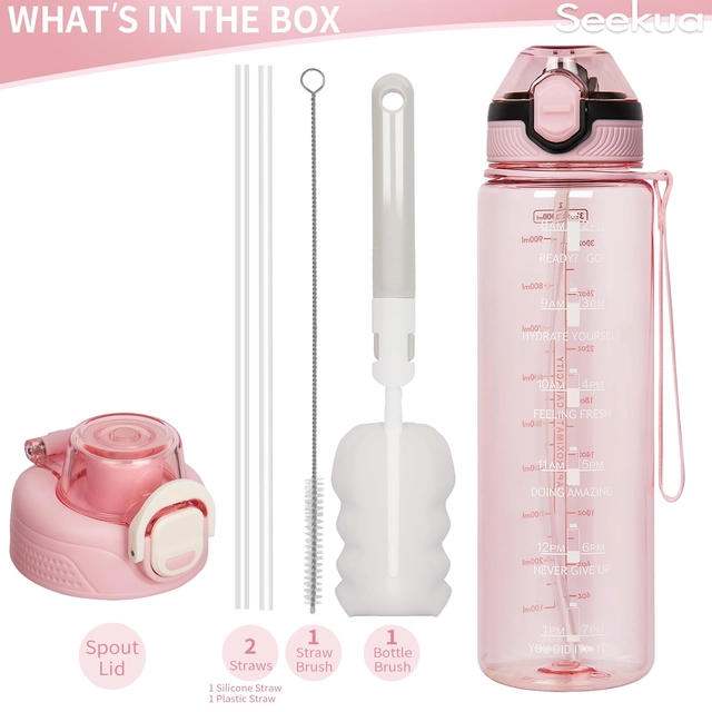 Sticla sport din plastic fara BPA, gradata cu pai, anticurgere, Roz 1 L [4]