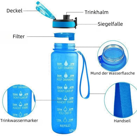 Sticla sport din plastic fara BPA, gradata, anticurgere, Albastra 1 L [3]