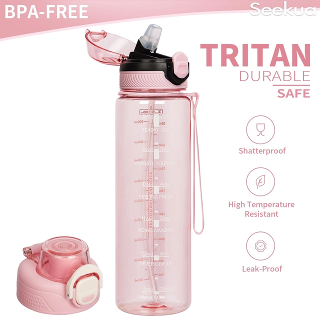 Sticla sport din plastic fara BPA, gradata cu pai, anticurgere, Roz 1 L [1]