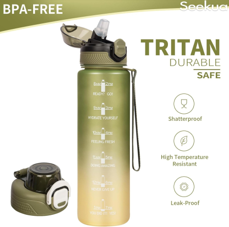 Sticla sport din plastic fara BPA, gradata cu pai, anticurgere, Verde 1 L [1]
