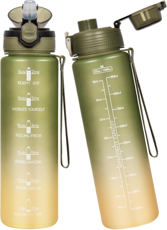 FITNESS - Sticla sport din plastic fara BPA, gradata cu pai, anticurgere, Verde 1 L