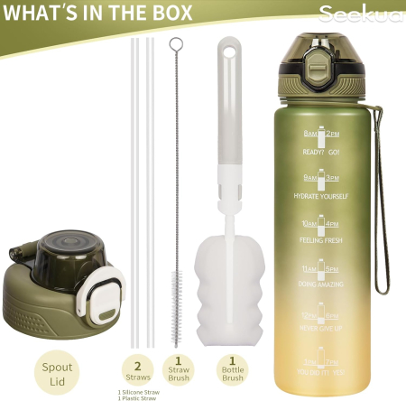 Sticla sport din plastic fara BPA, gradata cu pai, anticurgere, Verde 1 L [4]