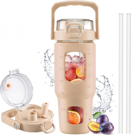 FITNESS - Sticla sport din sticla gradata cu protectie de plastic crem, 960 ml