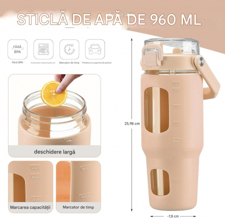 Sticla sport din sticla gradata cu protectie de plastic crem, 960 ml [2]