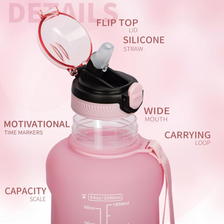 Sticla sport din plastic fara BPA, gradata cu pai, anticurgere, Roz 2 L [3]