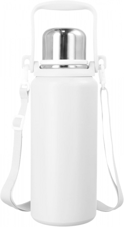 FITNESS - Termos din oțel inoxidabil 1,2 l, etanș, pentru băuturi calde, cu mâner transport, fără BPA (alb)