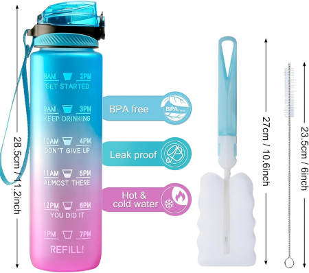 Sticla sport din plastic fara BPA, gradata pentru consum lichide, cu perii de curatare 1L [1]