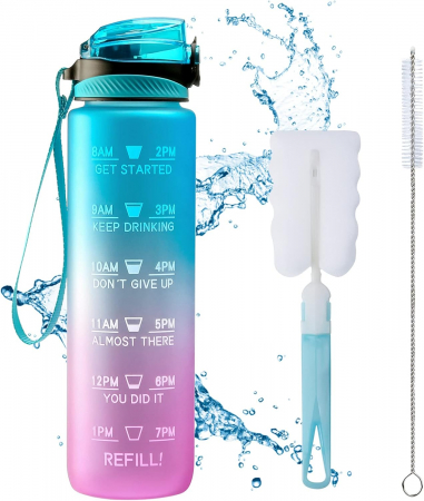 CASA SI GRADINA - Sticla sport din plastic fara BPA, gradata pentru consum lichide, cu perii de curatare 1L