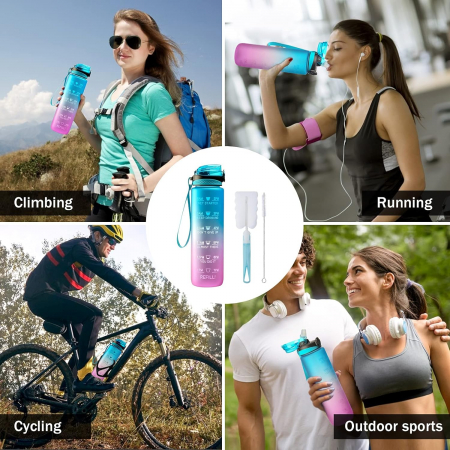 Sticla sport din plastic fara BPA, gradata pentru consum lichide, cu perii de curatare 1L [6]