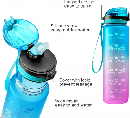Sticla sport din plastic fara BPA, gradata pentru consum lichide, cu perii de curatare 1L [3]