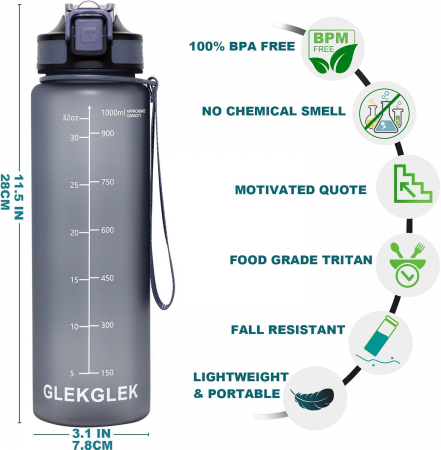 Sticla sport din plastic fara BPA, gradata pentru consum lichide, anticurgere, Gri, 1 L [1]