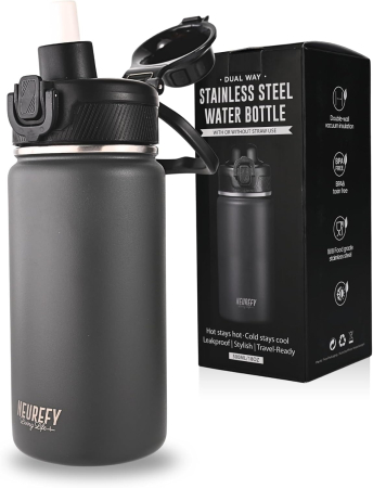 HIDRATARE SPORT - Sticlă Termică NEUREFY 500 ml, Inox, Pai Detașabil, Capac Antiscurgere, Gri