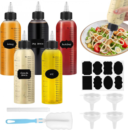 FITNESS - Sticle reutilizabile gradate cu duze pentru sosuri, pachet 5 bucati 250 ml cu accesorii