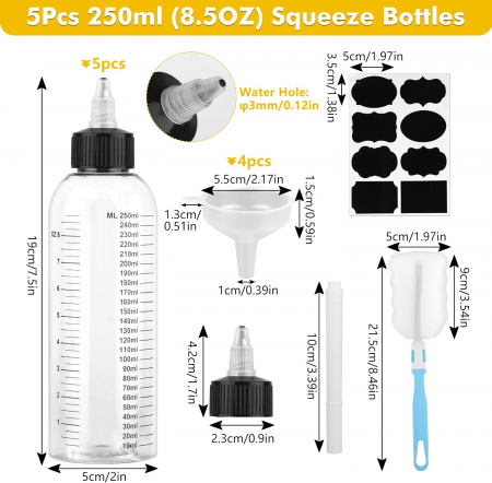 Sticle reutilizabile gradate cu duze pentru sosuri, pachet 5 bucati 250 ml cu accesorii [1]