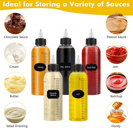 Sticle reutilizabile gradate cu duze pentru sosuri, pachet 5 bucati 250 ml cu accesorii [6]