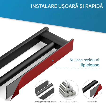 Suport negru pentru prosoape de baie, inox, montare fara gaurire, 40 cm [3]
