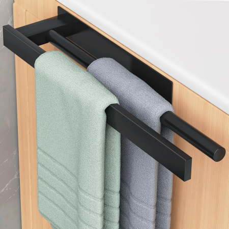 suporturi si accesorii baie - Suport negru pentru prosoape de baie, inox, montare fara gaurire, 40 cm