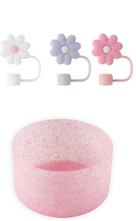 Paie si decoratiuni cocktail - Suport cana 7.5 cm set cu 3 ornamente pentru paie, din silicon, Roz