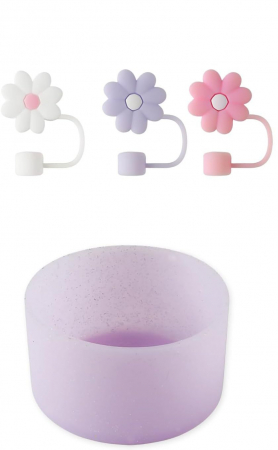 Paie si decoratiuni cocktail - Suport cana 7.5 cm set cu 3 ornamente pentru paie, din silicon, Mov