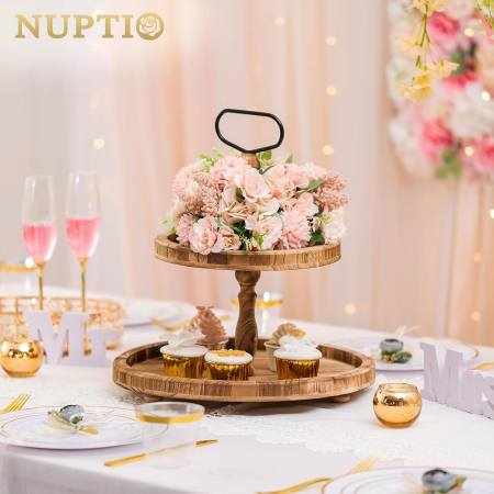 Suport din lemn pentru servire, margini inalte si maner, 2 nivele [1]