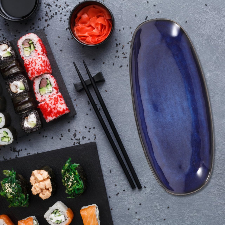 Platou albastru semioval mic 28.1x12.6 cm compatibil, cuptor, microunde, masina spalat, congelator [6]