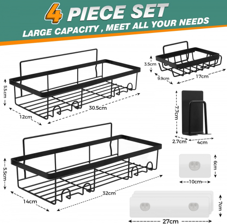 Suporti de dus din aluminiu, set 4 piese, negre [1]