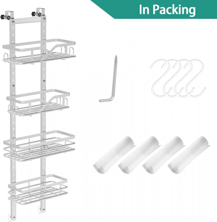 Suport din otel inoxidabil pentru dus, alb, 4 cosuri, bara si carlige, 92x20 cm [7]