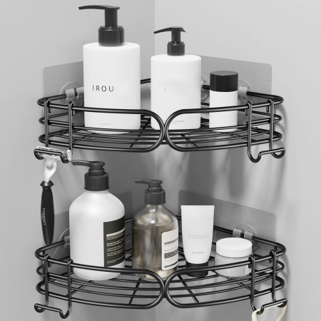 suporturi si accesorii baie - Suport din otel inoxidabil pentru dus, negru, 2 nivele, pe colt, cu carlige, fara gaurire