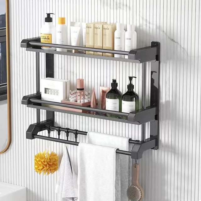 ACCESORII BAIE - Suport din otel inoxidabil pentru dus, negru, 2 nivele, bara si carlige, 40x15x38cm