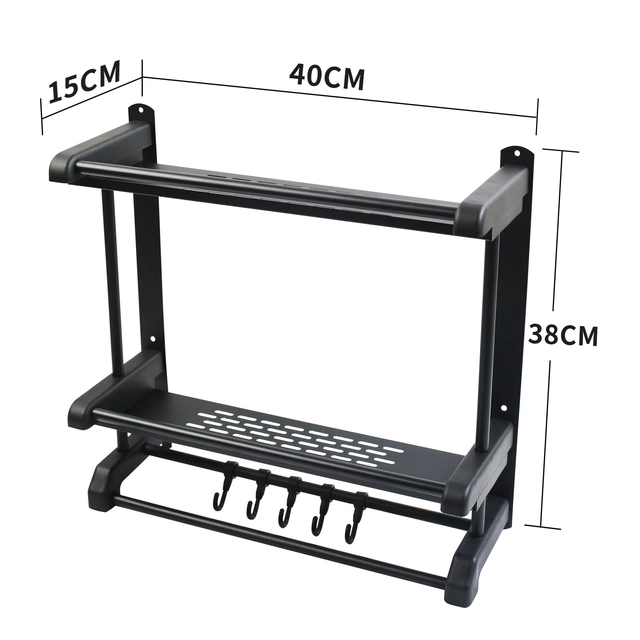 Suport din otel inoxidabil pentru dus, negru, 2 nivele, bara si carlige, 40x15x38cm [3]