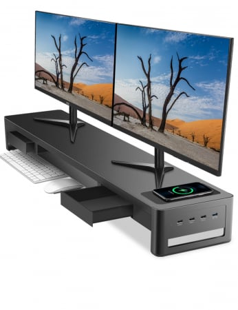 ACCESORII BIROU - SUPORT MONITOARE CU 2 SERTARE, 4 PORTURI USM, 1 MODUL INCARCARE WIRELESS