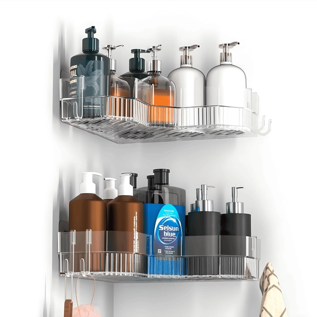 ORGANIZARE SPATIU - Suport pentru organizare produse cosmetice pe colt pe 2 nivele, transparent