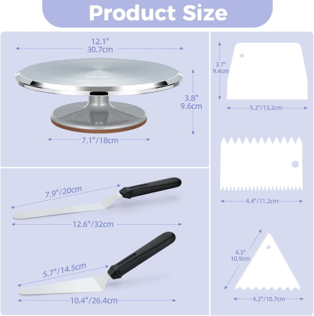 Suport rotativ plat pentru tort, turnant din aliaj de aluminiu, set cu 2 palete unghiulare si 3 raclete de aluat [6]