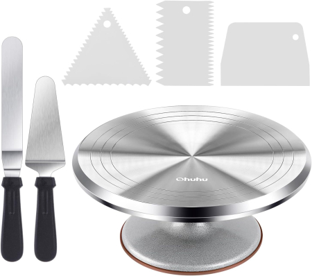 prelucrare aluat - Suport rotativ plat pentru tort, turnant din aliaj de aluminiu, set cu 2 palete unghiulare si 3 raclete de aluat