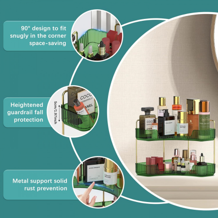 Suport pentru organizare produse cosmetice verde pe colt pe 2 nivele [3]