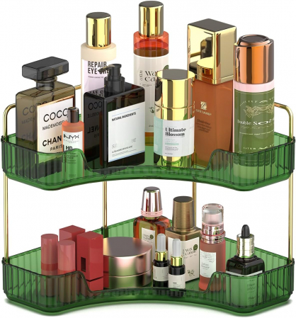 ORGANIZARE SPATIU - Suport pentru organizare produse cosmetice verde pe colt pe 2 nivele