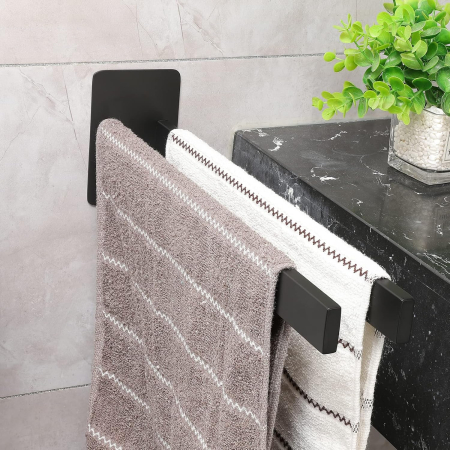 Suport negru de prosoape pentru baie, fara gaurire, 2 bare 40 cm [2]