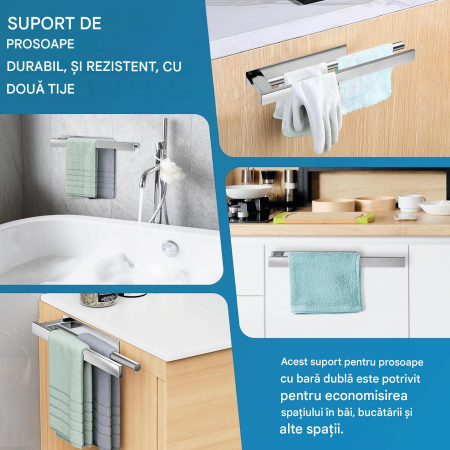 Suport argintiu pentru prosoape de baie, inox, montare fara gaurire, 40 cm [3]