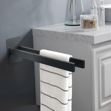 suporturi si accesorii baie - Suport negru de prosoape pentru baie, fara gaurire, 2 bare 40 cm