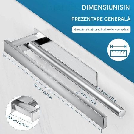 Suport argintiu pentru prosoape de baie, inox, montare fara gaurire, 40 cm [4]