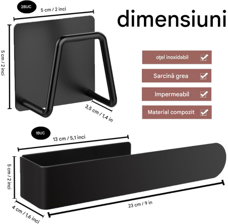 Suporti pentru baie, negri, set bara de prosop si 2 agatatori din otel inoxidabil [1]