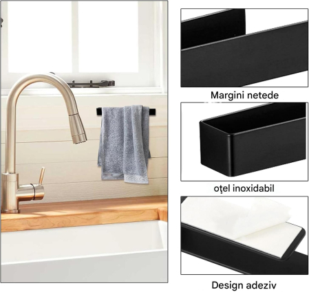 Suporti pentru baie, negri, set bara de prosop si 2 agatatori din otel inoxidabil [4]