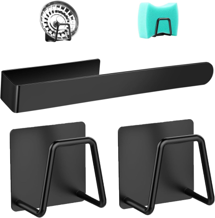 ACCESORII BAIE - Suporti pentru baie, negri, set bara de prosop si 2 agatatori din otel inoxidabil